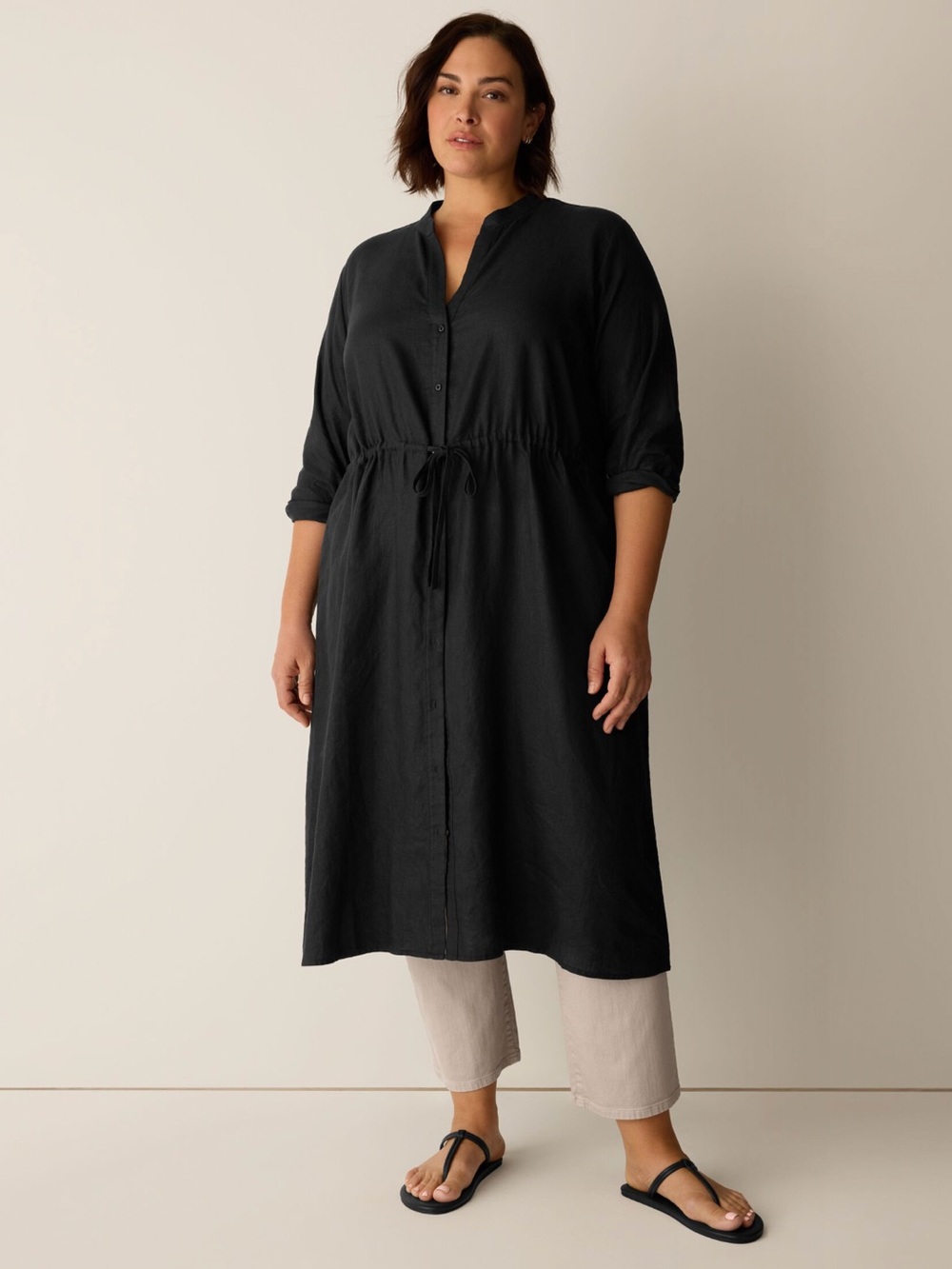 EILEEN FISHER 'Organic Linen Band Collar Shirtdress' in Black - Picture 5 of 10